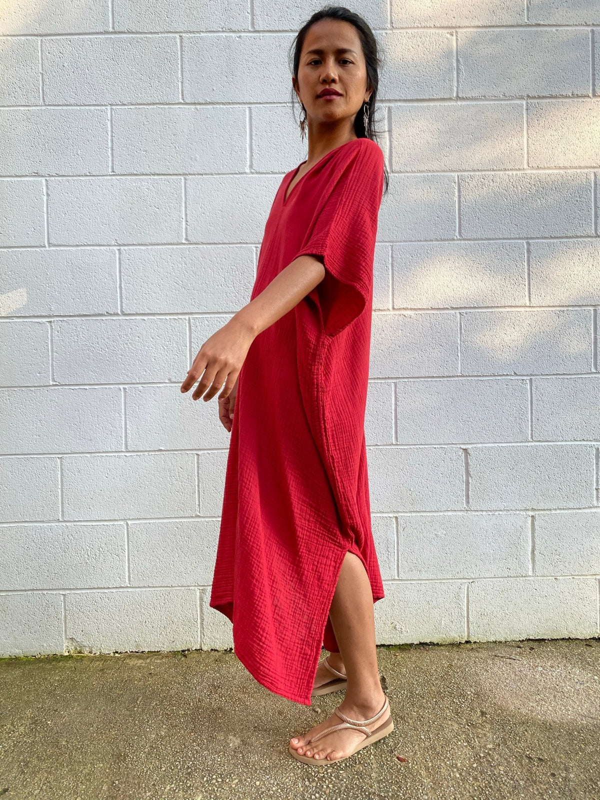 MALA handworks Skye Double Gauze Cotton Midi Kaftan in Red