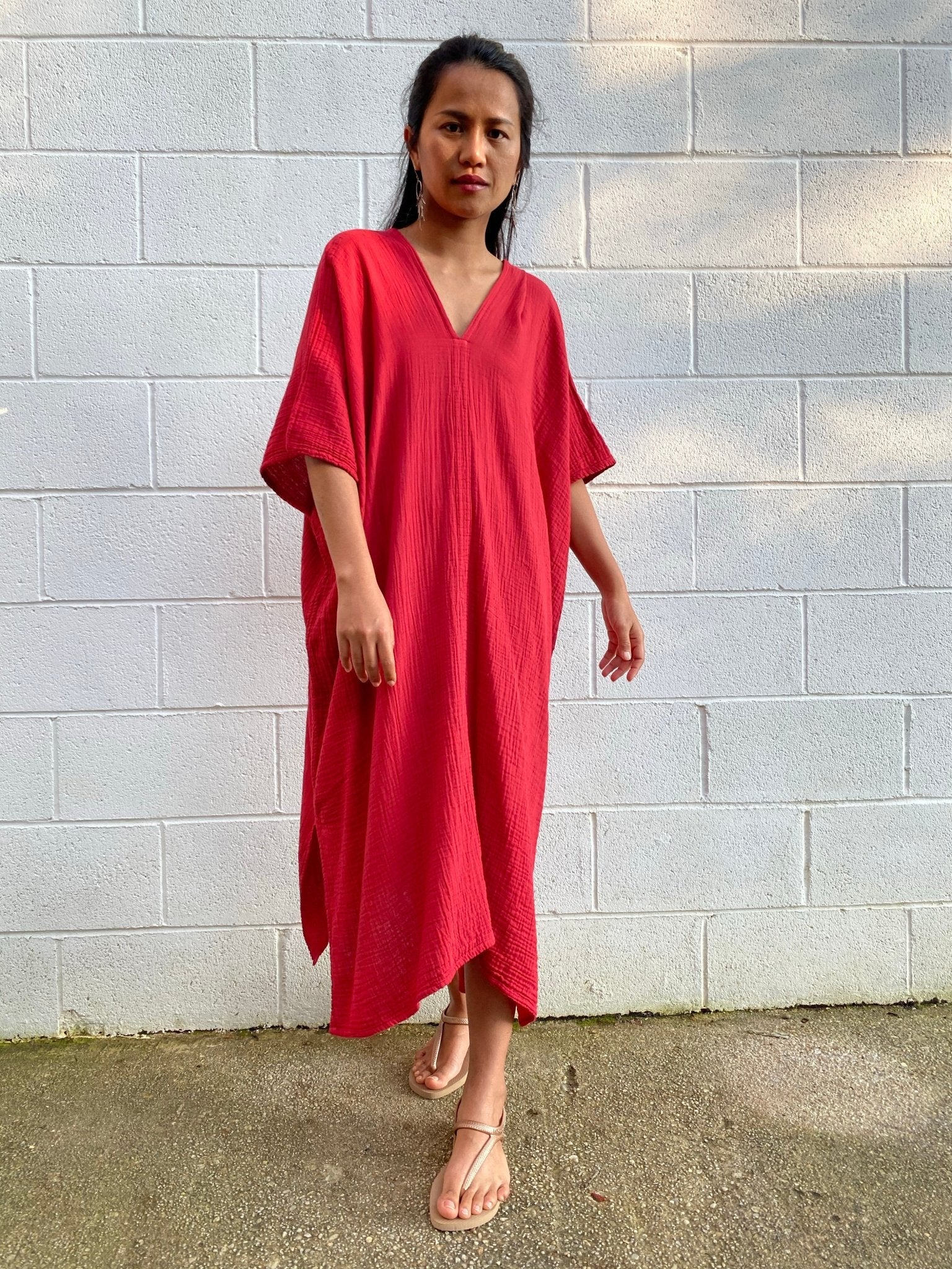 MALA handworks Skye Double Gauze Cotton Midi Kaftan in Red