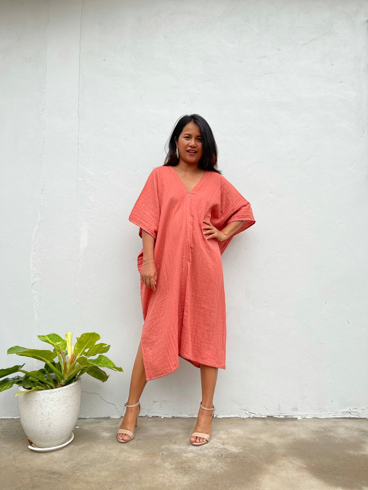 MALA handworks Skye Double Gauze Cotton Midi Kaftan in Salmon Pink
