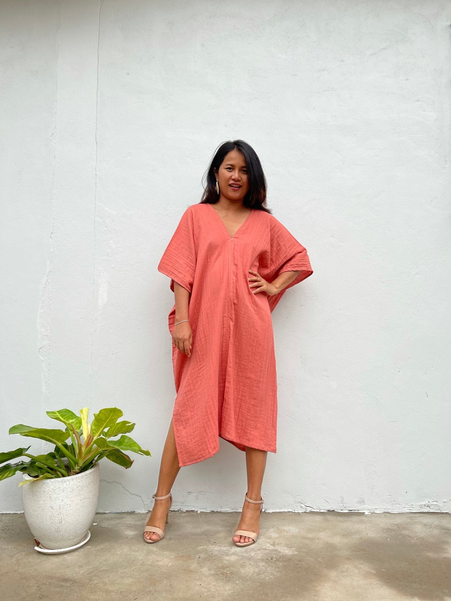 MALA handworks Skye Double Gauze Cotton Midi Kaftan in Salmon Pink