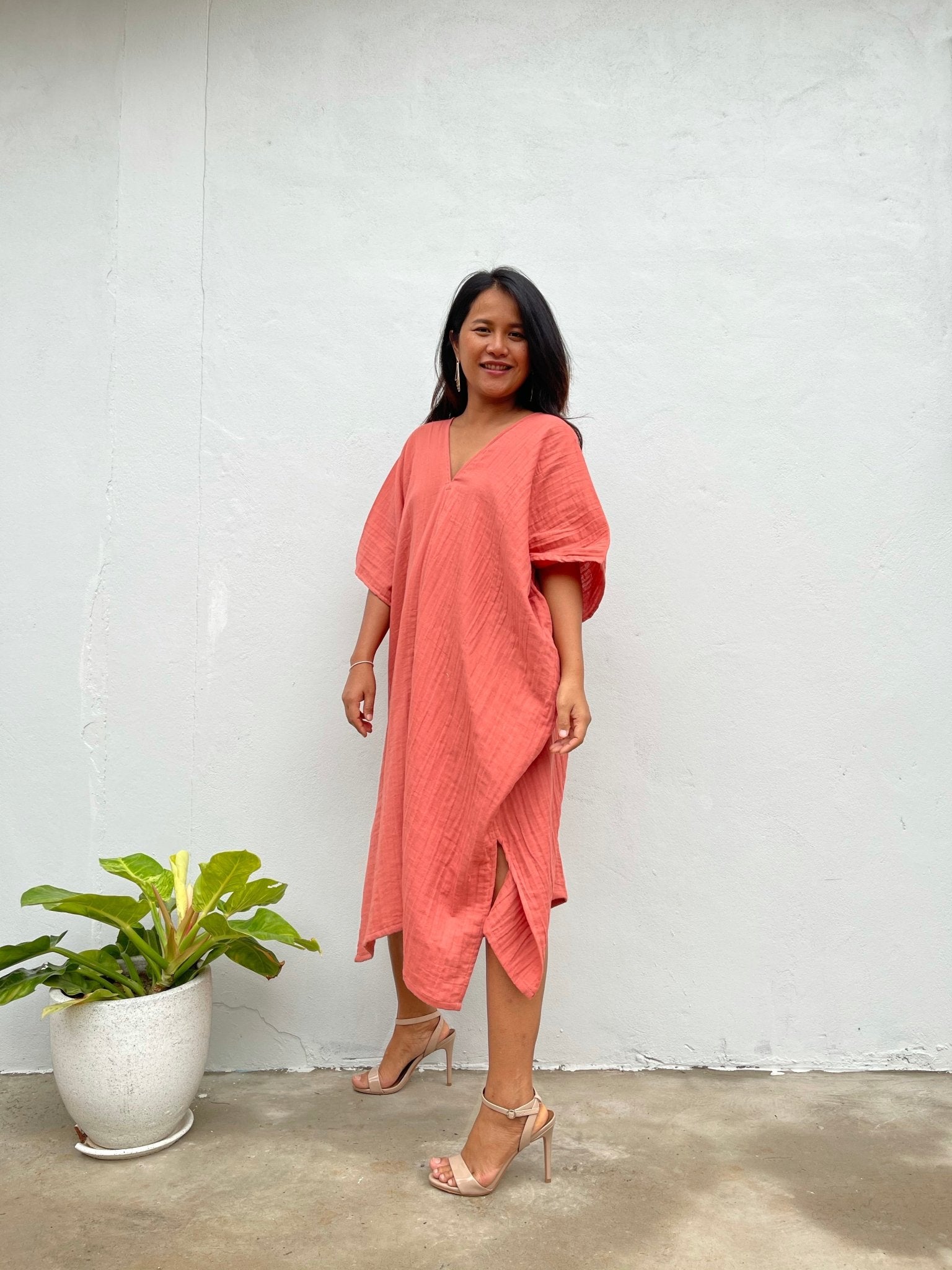 MALA handworks Skye Double Gauze Cotton Midi Kaftan in Salmon Pink
