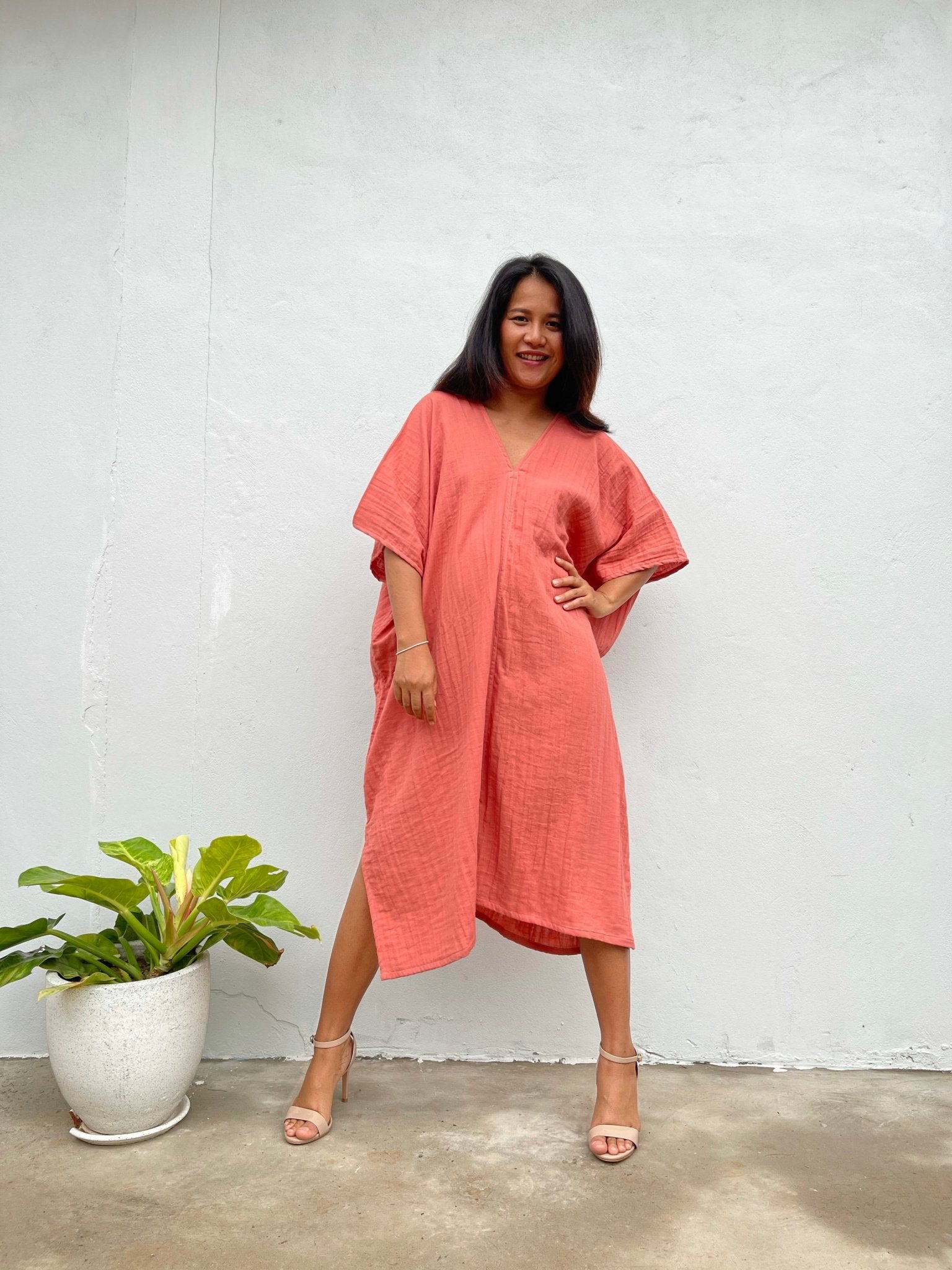 MALA handworks Skye Double Gauze Cotton Midi Kaftan in Salmon Pink
