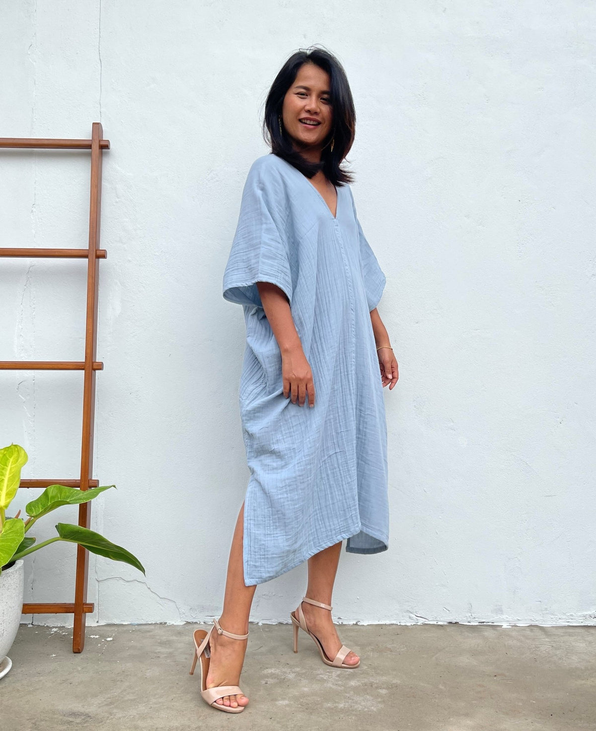 MALA handworks Skye Double Gauze Cotton Midi Kaftan in Willow Blue