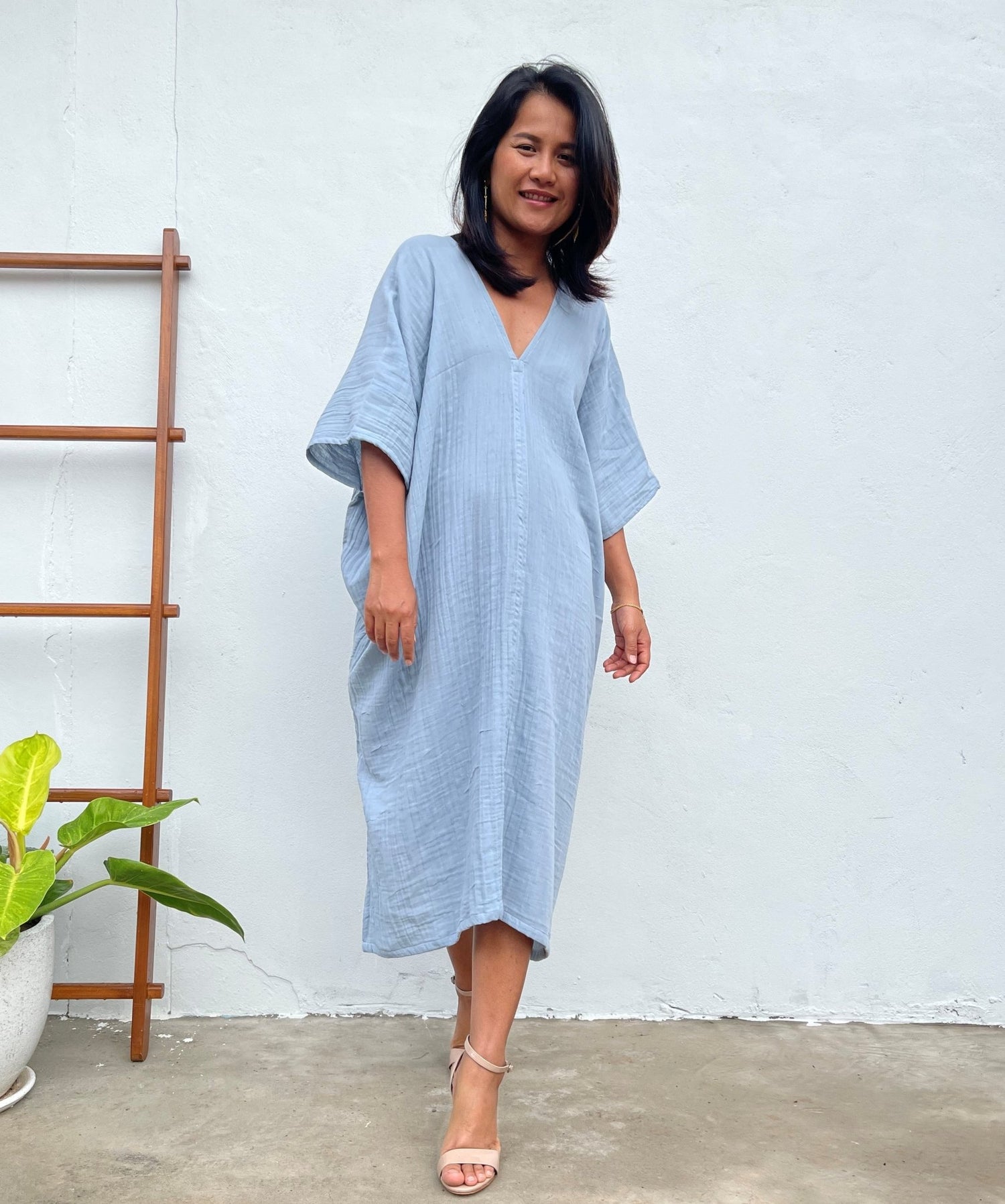 MALA handworks Skye Double Gauze Cotton Midi Kaftan in Willow Blue