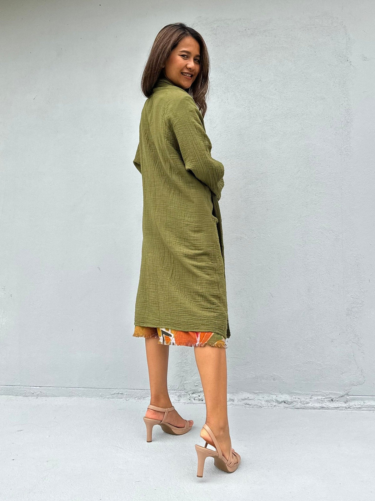 Mala Handworks Yara Open Cotton Cardigan in Olive Green