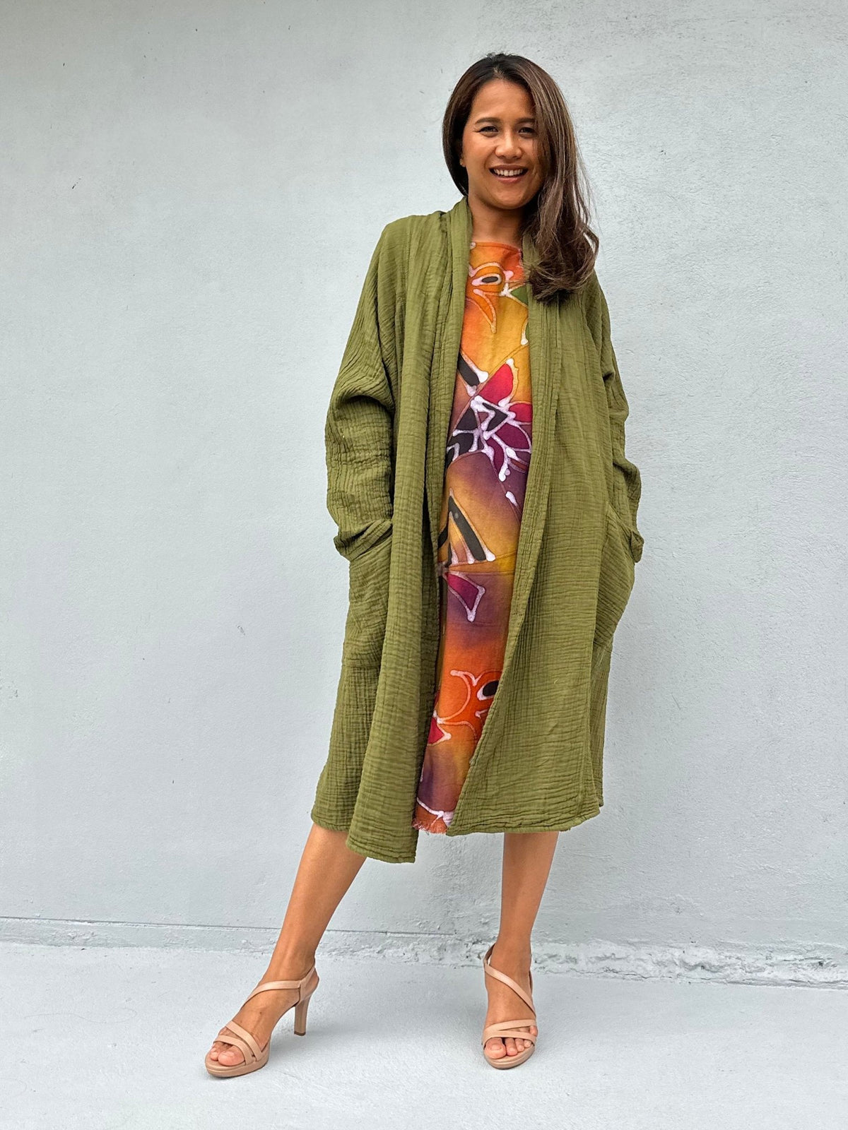 Mala Handworks Yara Open Cotton Cardigan in Olive Green