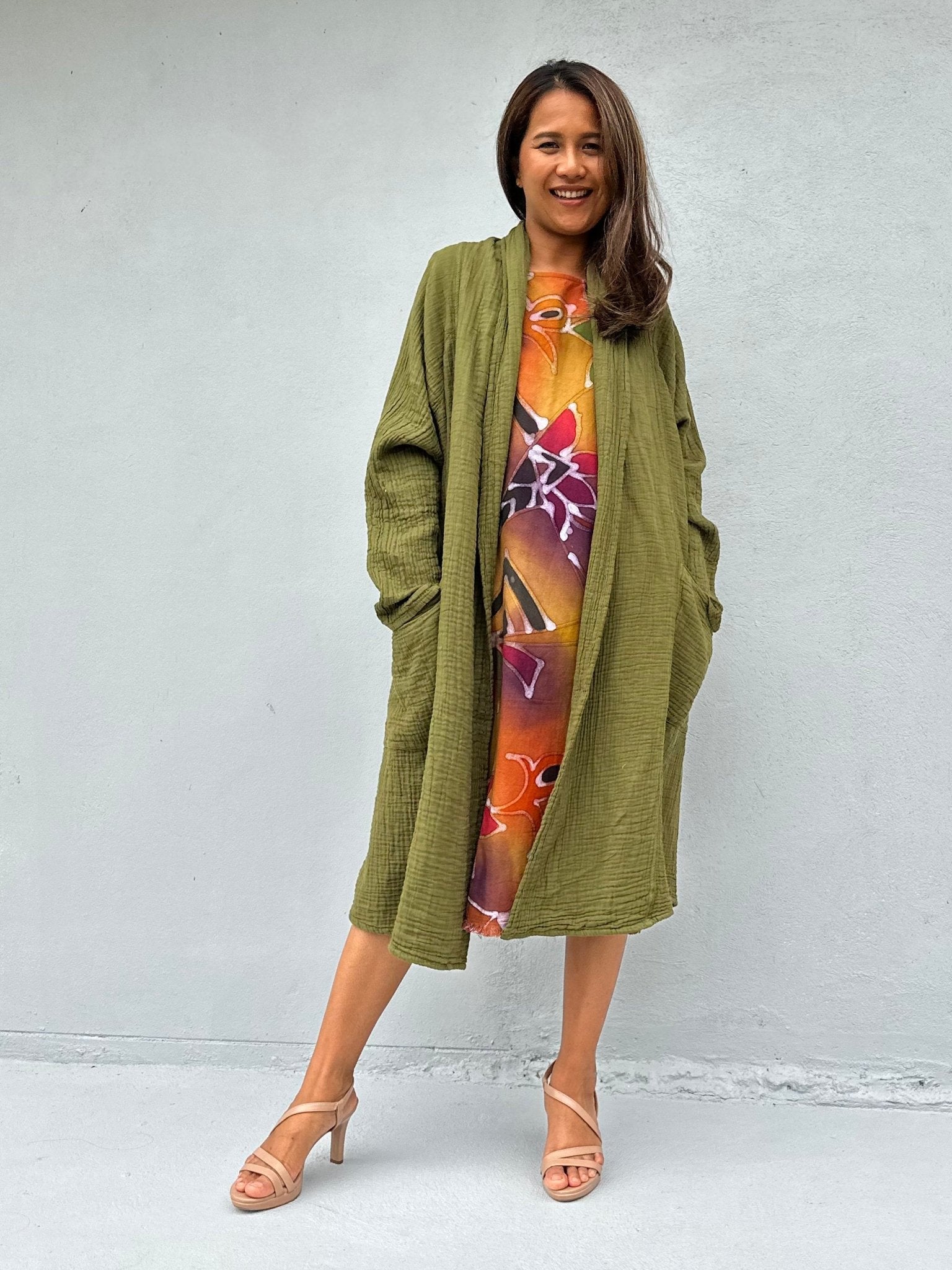 Mala Handworks Yara Open Cotton Cardigan in Olive Green
