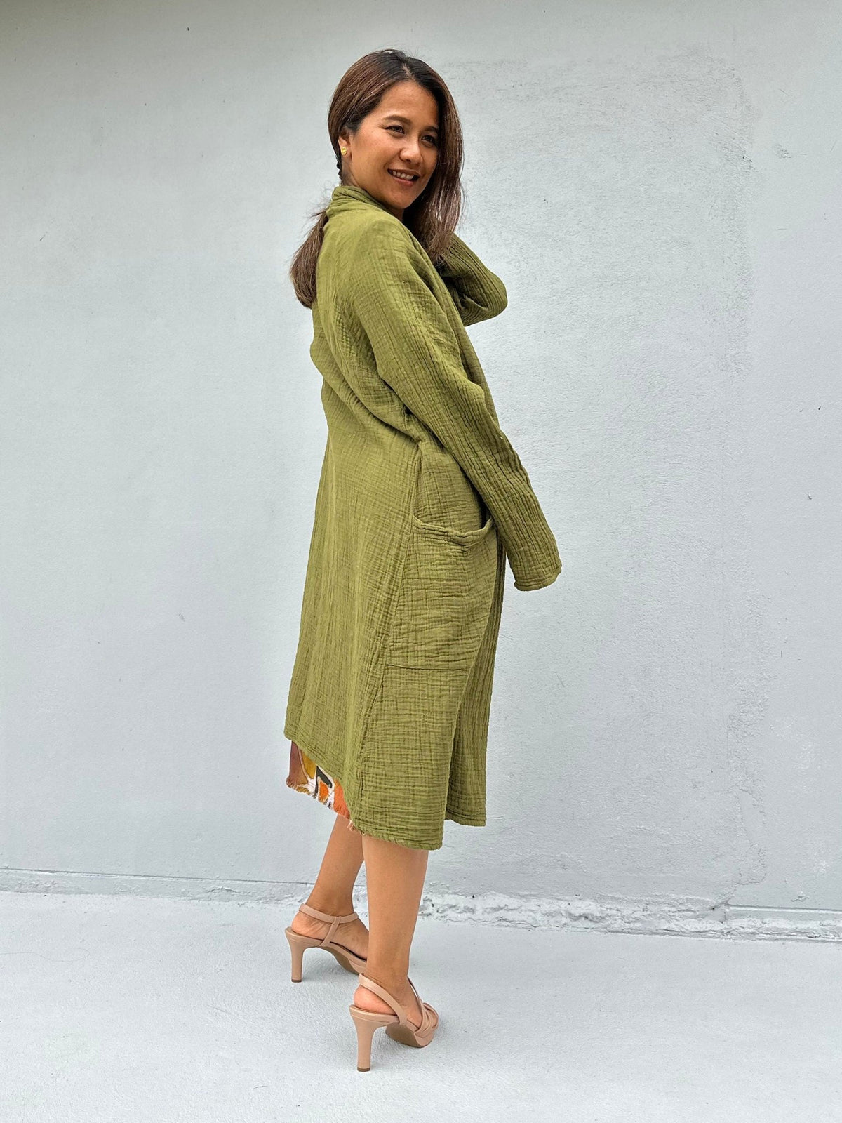 Mala Handworks Yara Open Cotton Cardigan in Olive Green