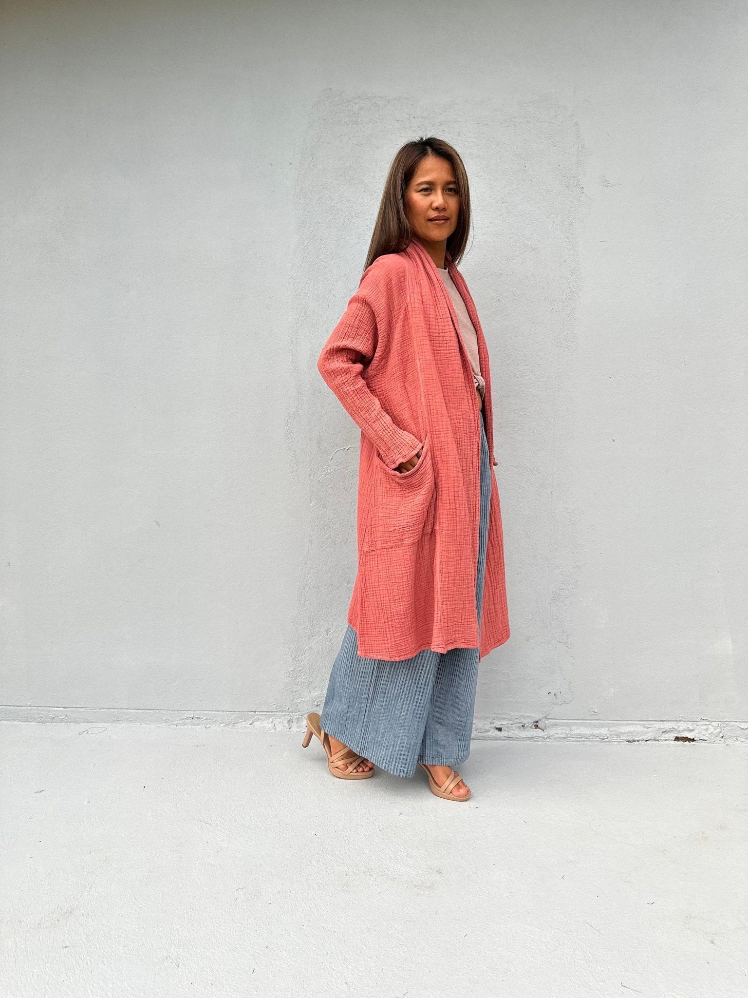 Mala Handworks  Yara Open Cotton Cardigan in Salmon