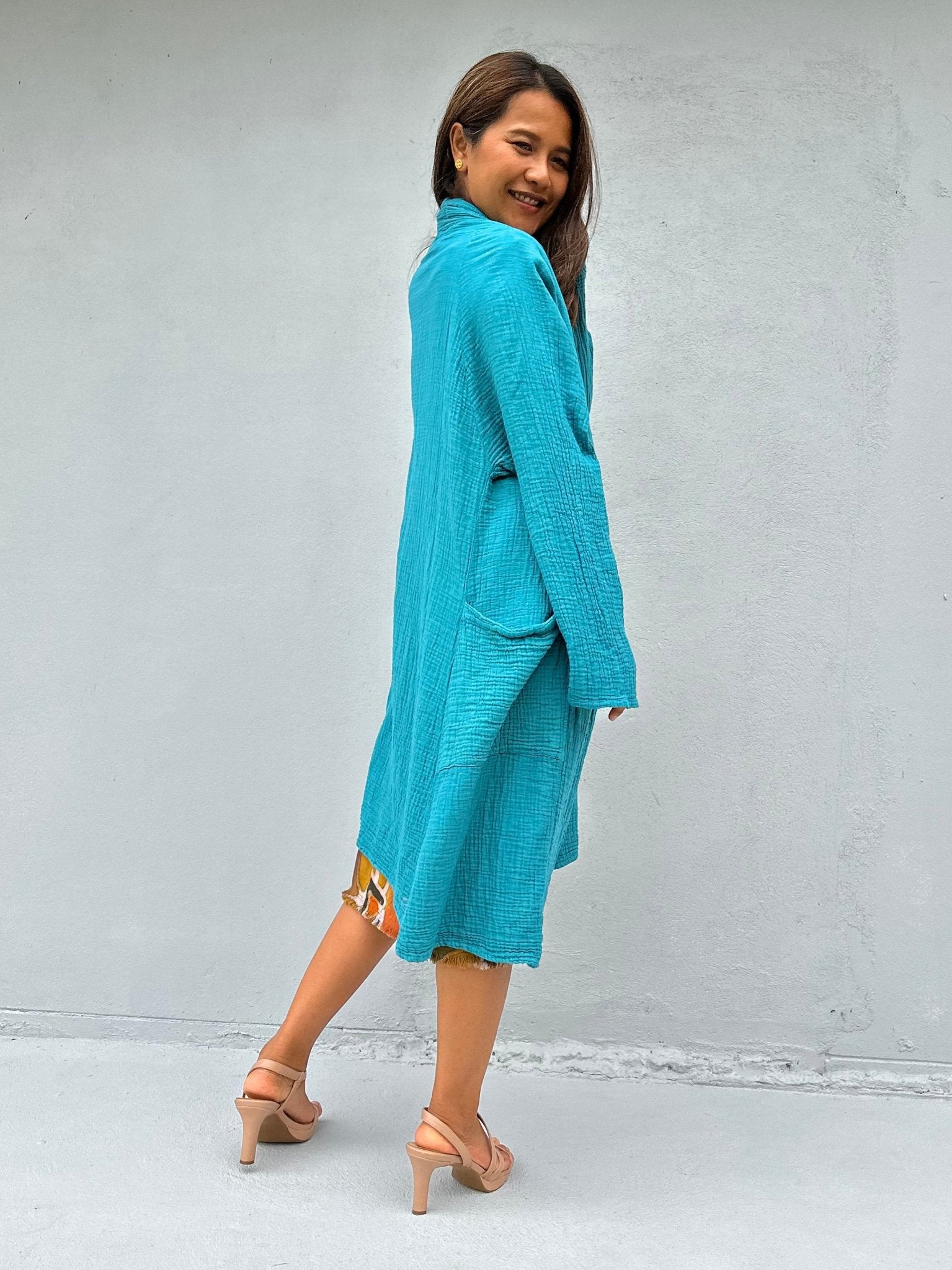 Mala Handworks  Yara Open Cotton Cardigan in Turquoise