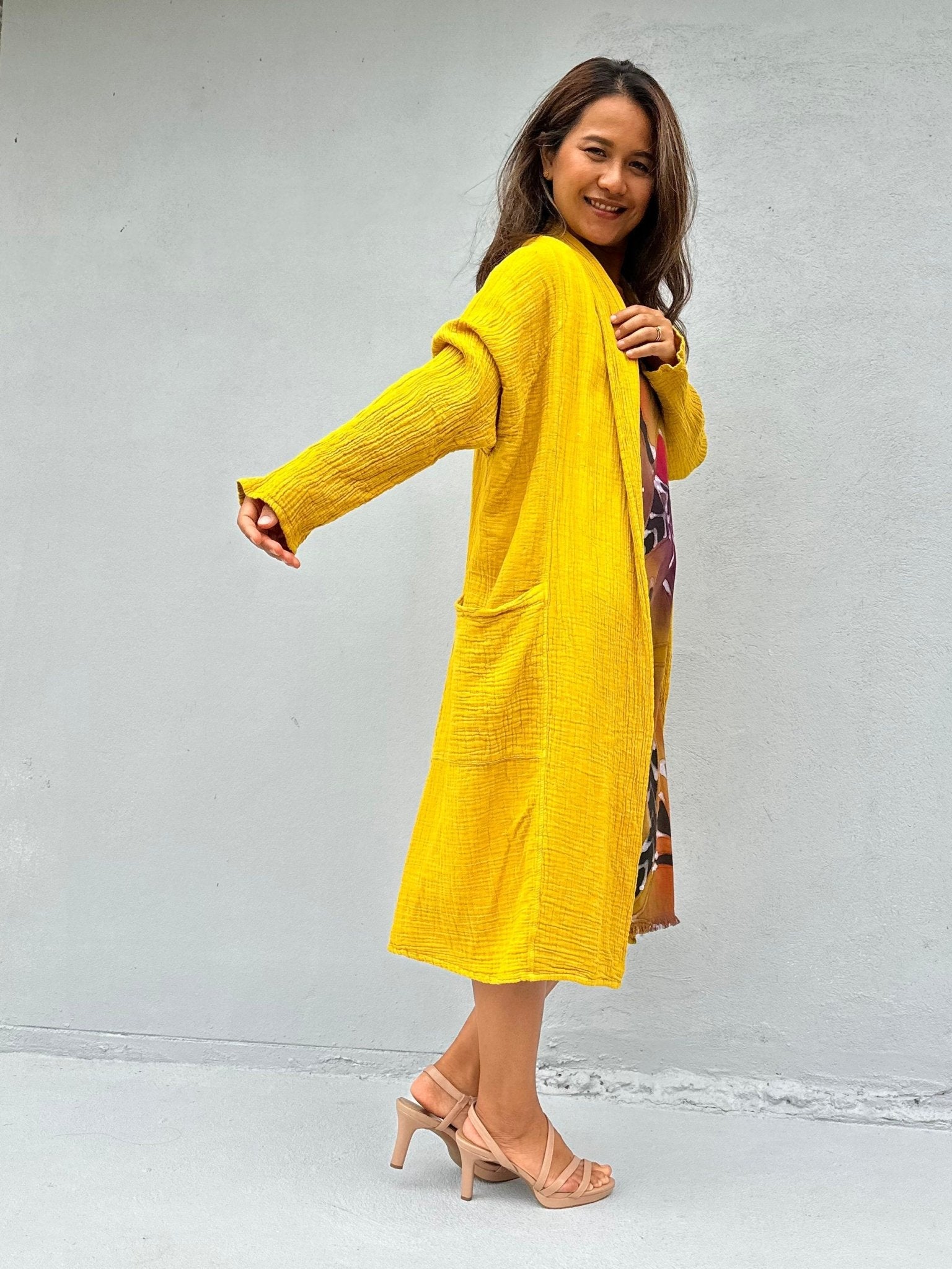 Mala Handworks  Yara Open Cotton Cardigan in Yellow Turmeric