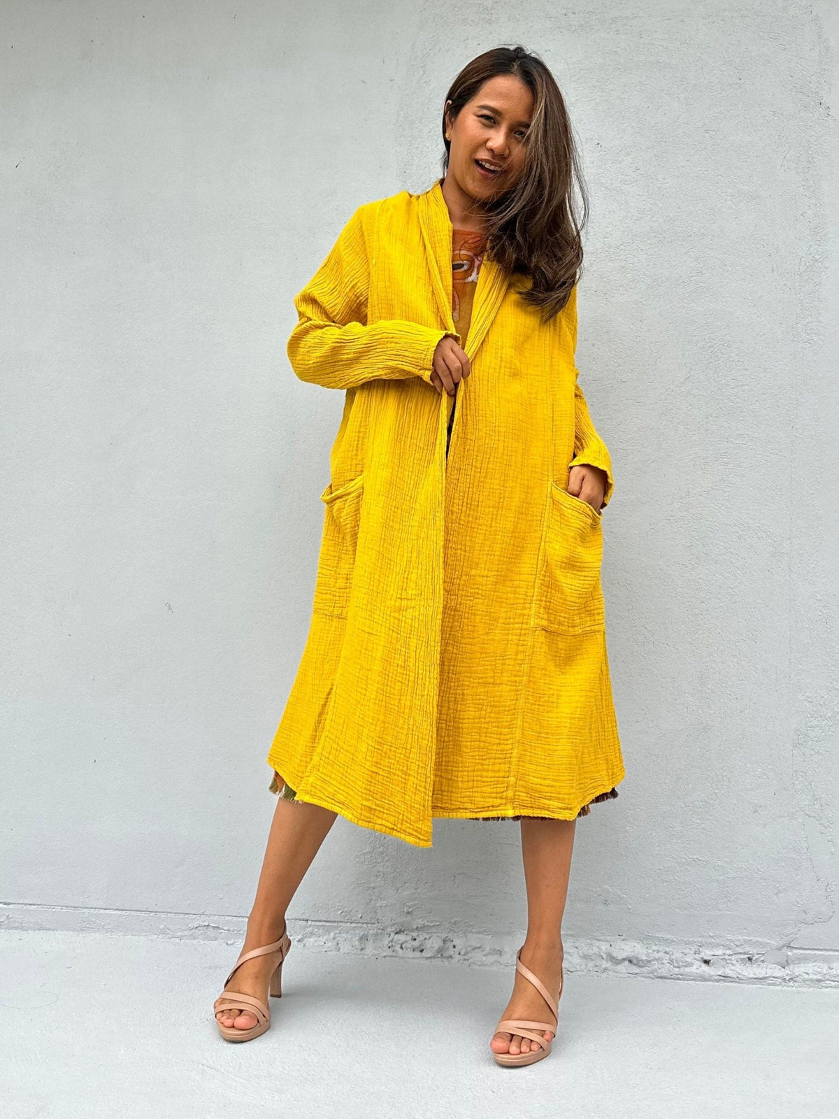 Mala Handworks  Yara Open Cotton Cardigan in Yellow Turmeric