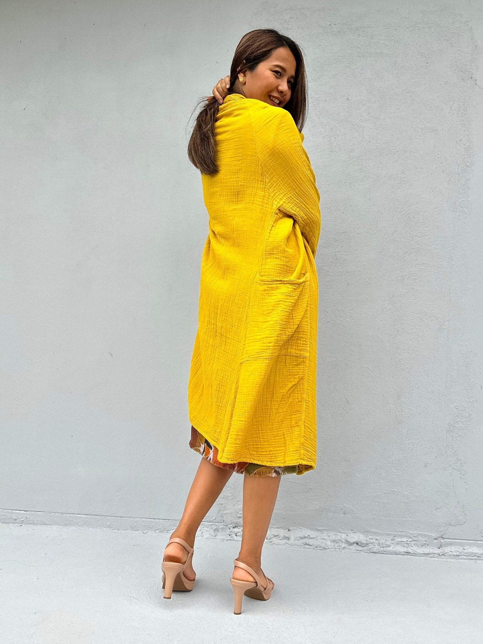 Mala Handworks  Yara Open Cotton Cardigan in Yellow Turmeric